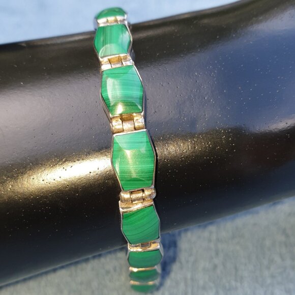 Beautiful Vintage Taxco Mexico 950 Solid Silver Natural Malachite Link Bracelet - Picture 11 of 12